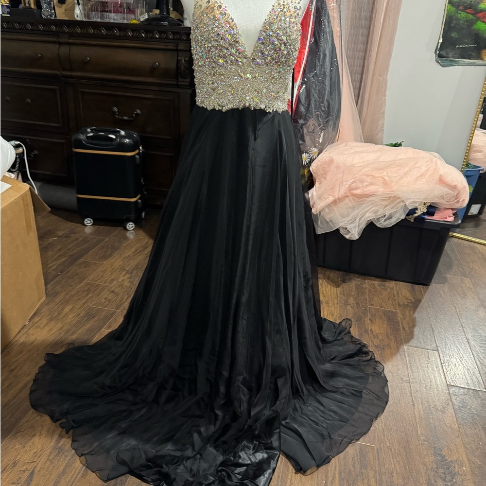 Black Embellished Prom Dress with Crystal Bodice